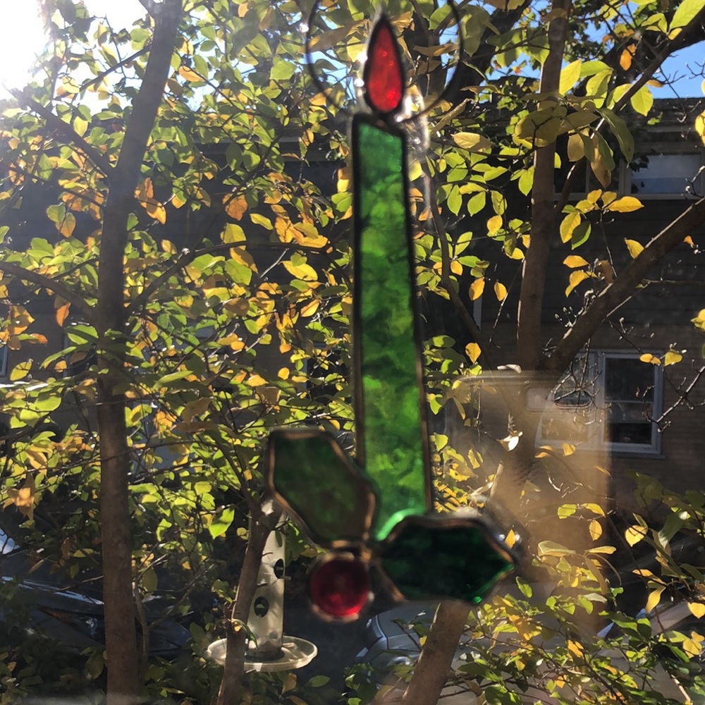 Vintage Stained Glass Candle, Vintage Christmas Decor. Suncatcher